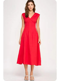 Pintuck Corset Midi Dress (red)