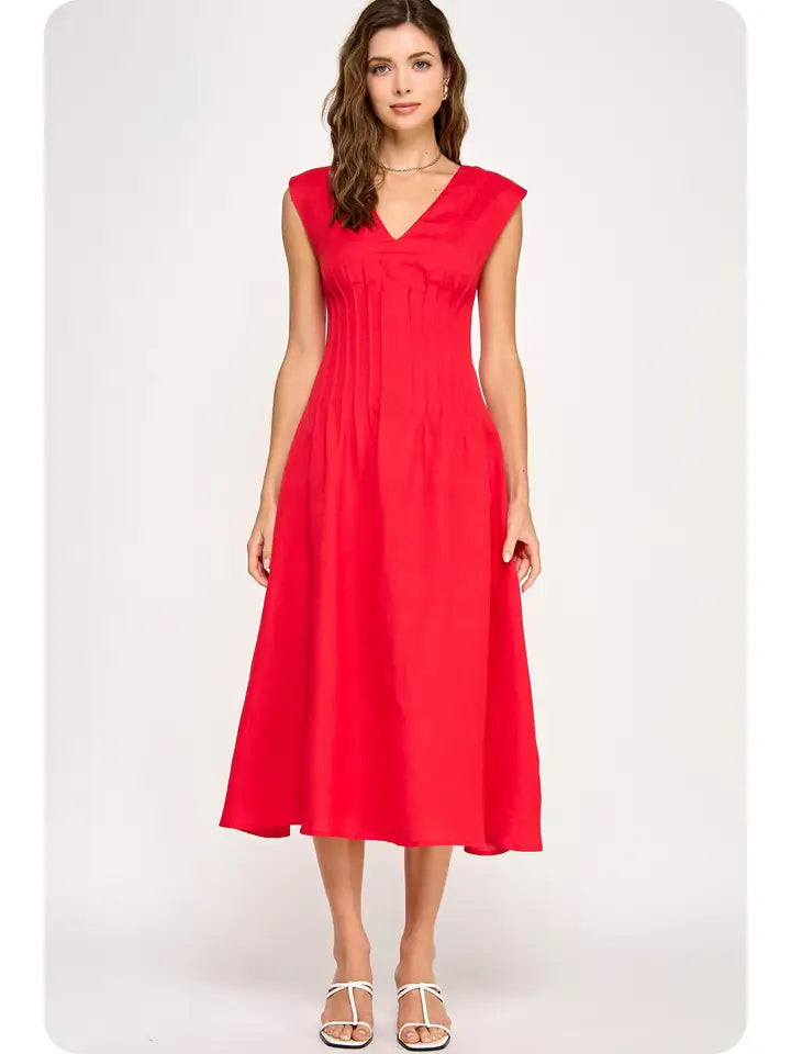 Pintuck Corset Midi Dress (red)