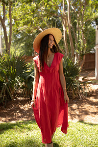 Pintuck Corset Midi Dress (red)