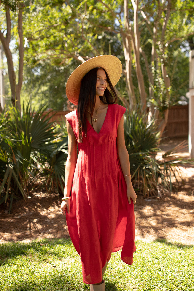 Pintuck Corset Midi Dress (red)