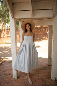 Dusty Blue Pleat Maxi Dress