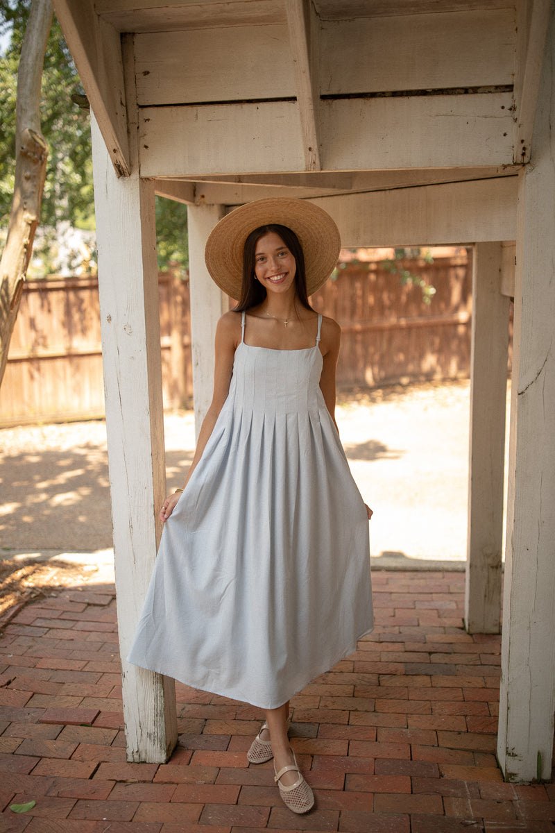 Dusty Blue Pleat Maxi Dress