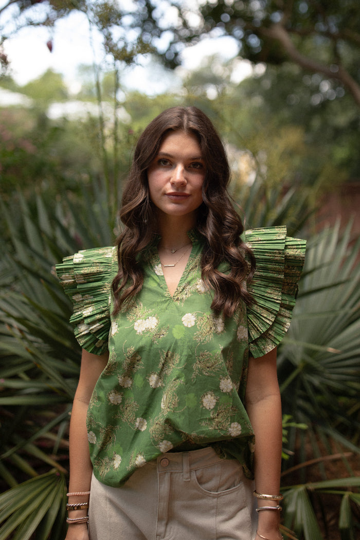 Olive Floral Ruffled Blouse