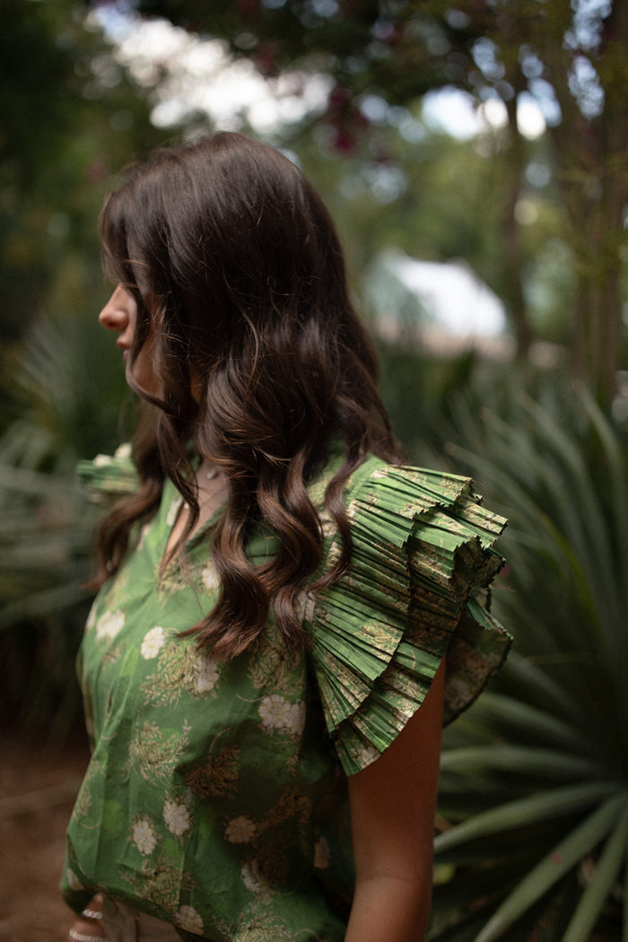 Olive Floral Ruffled Blouse