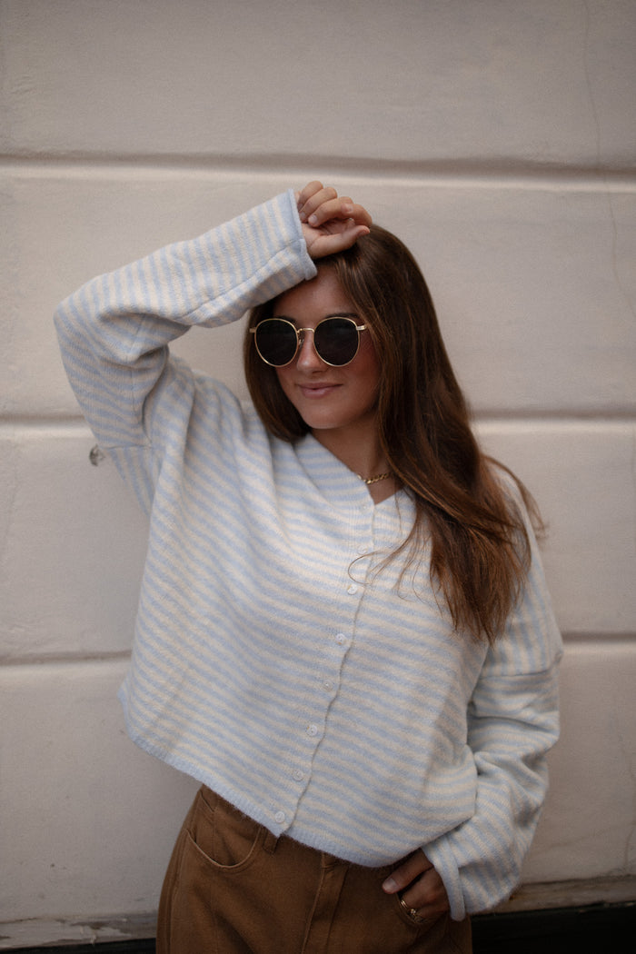The Piper Cardigan (lt blue mini stripe)