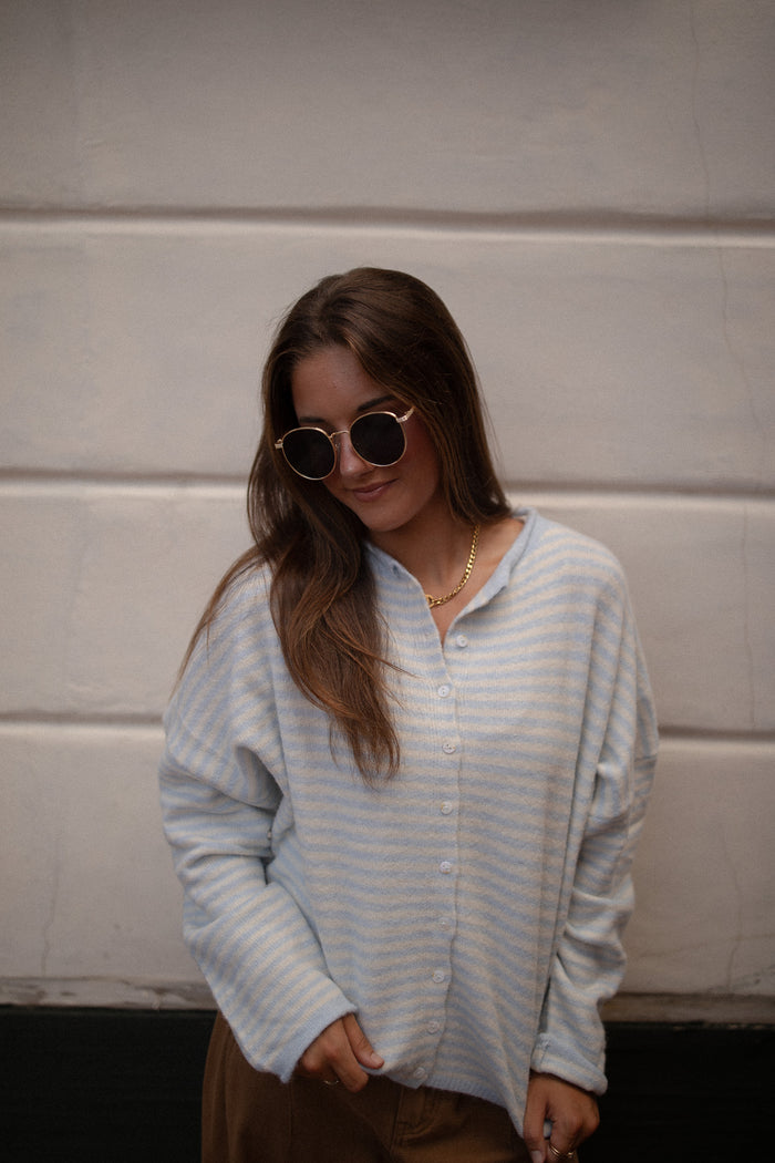 The Piper Cardigan (lt blue mini stripe)