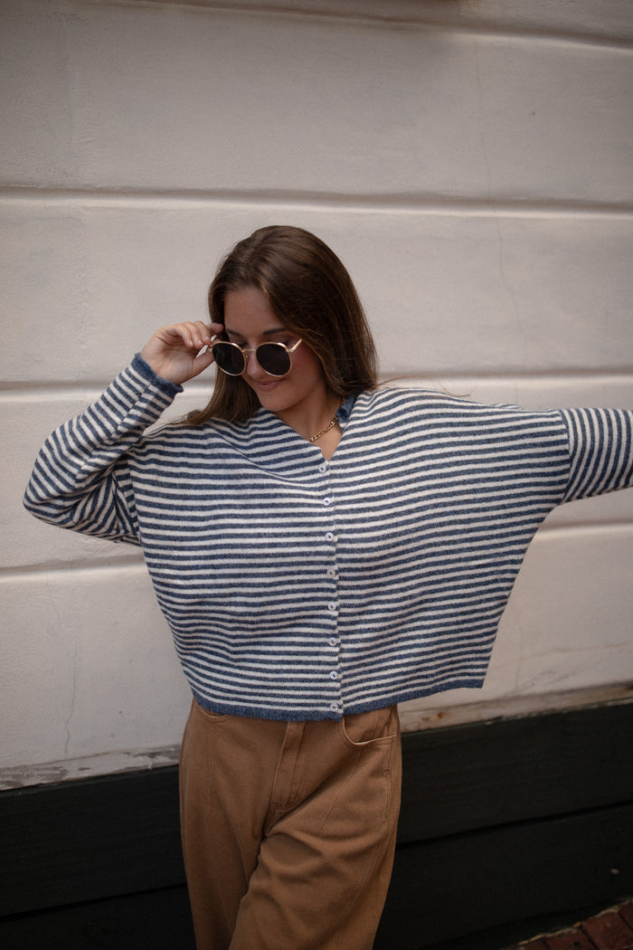 The Piper Cardigan (denim mini stripe)