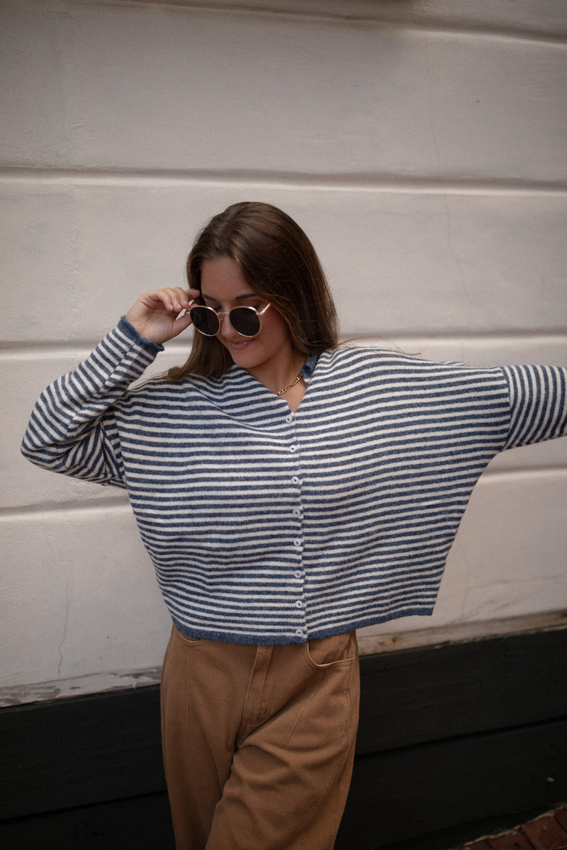 The Piper Cardigan (denim mini stripe)
