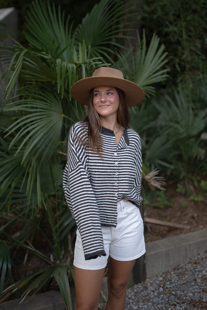 The Piper Cardigan (charcoal mini stripe)