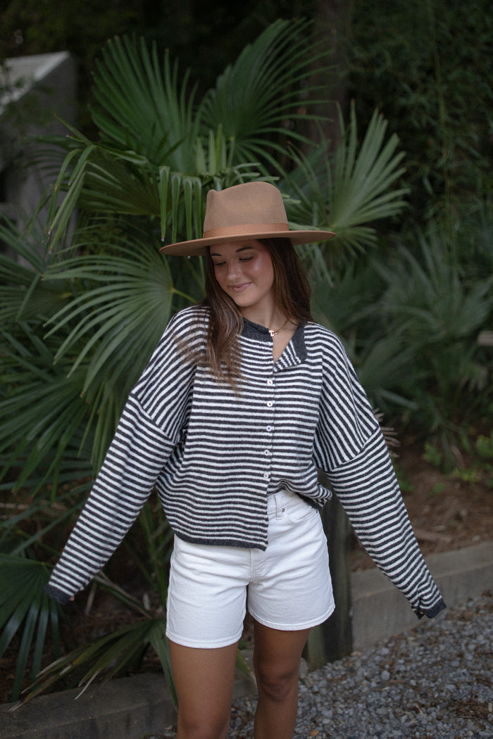 The Piper Cardigan (charcoal mini stripe)