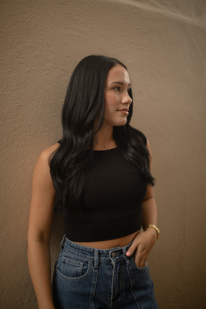 Double Layered High Neck Crop Top (black)
