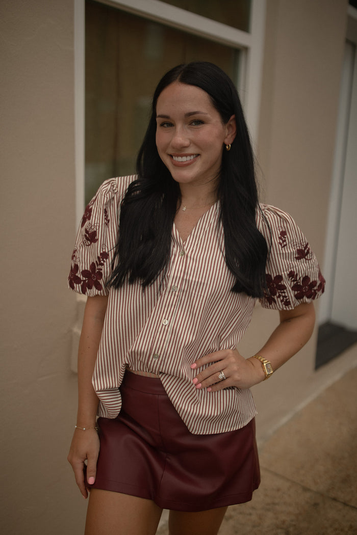 Burgundy Stripe and Floral Blouse