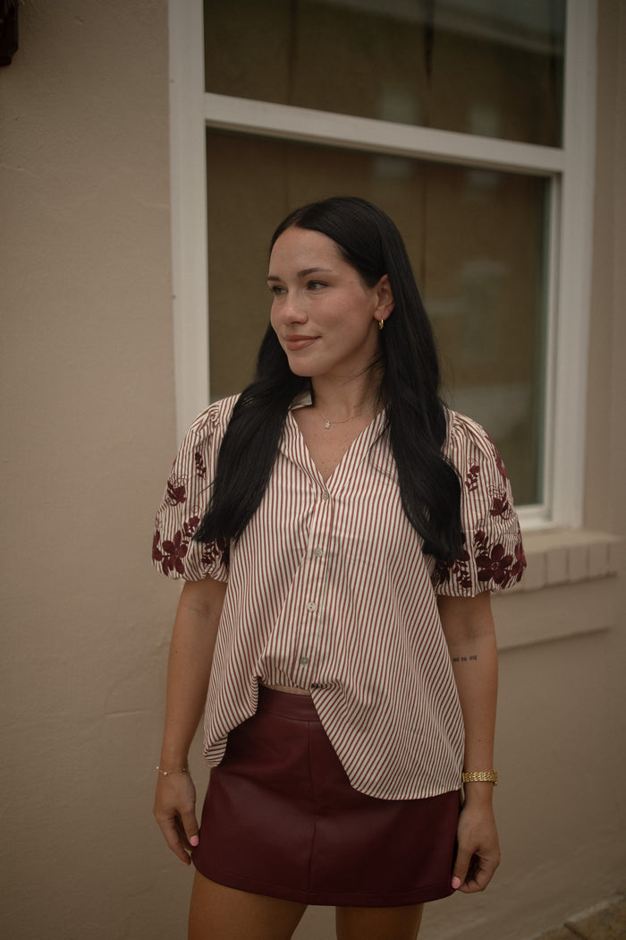 Burgundy Stripe and Floral Blouse