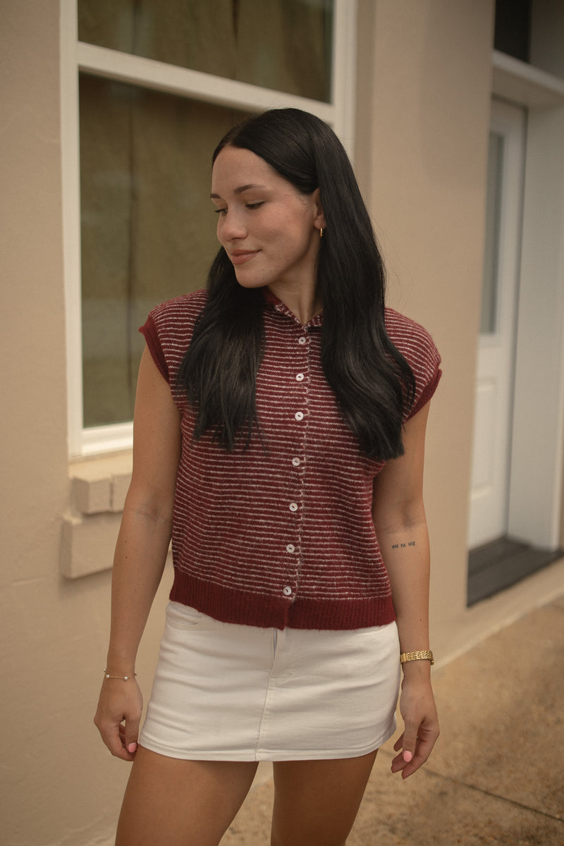 The Piper Vest (striped maroon)