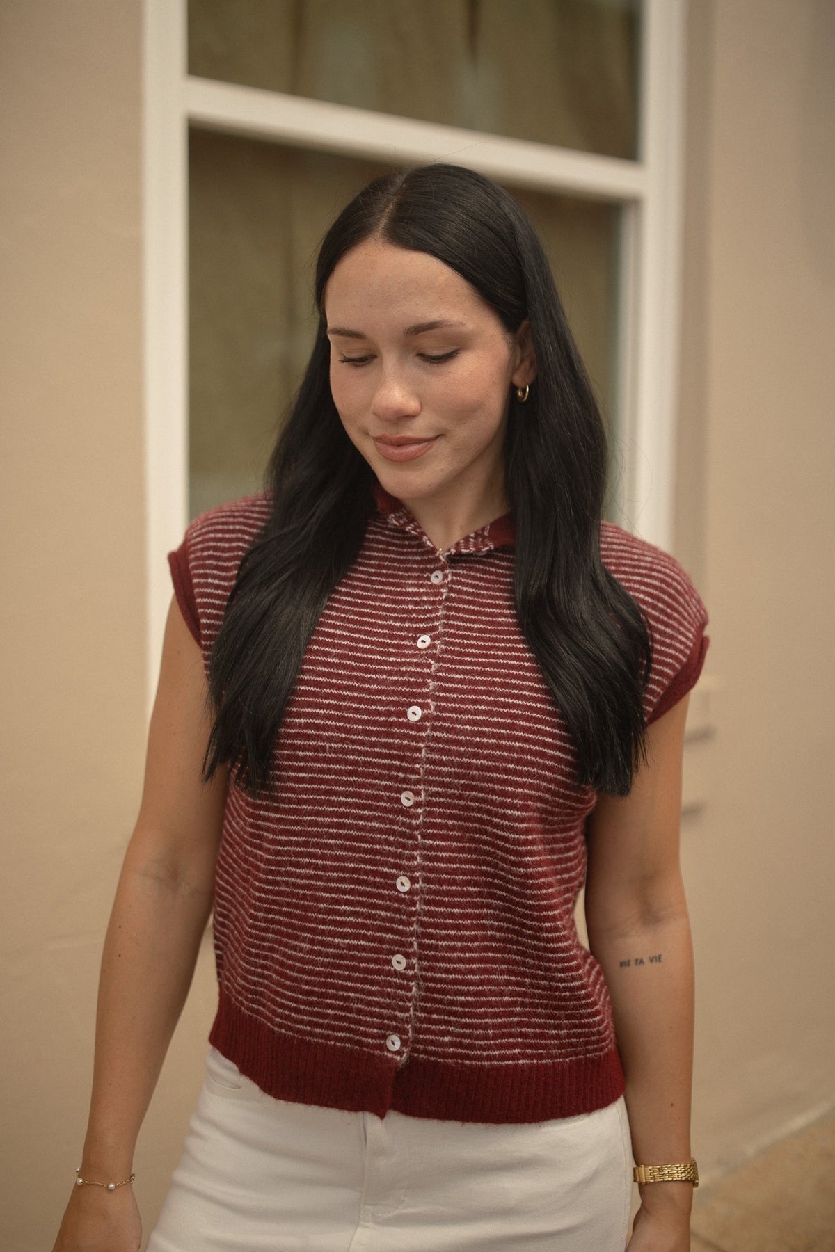 The Piper Vest (striped maroon)