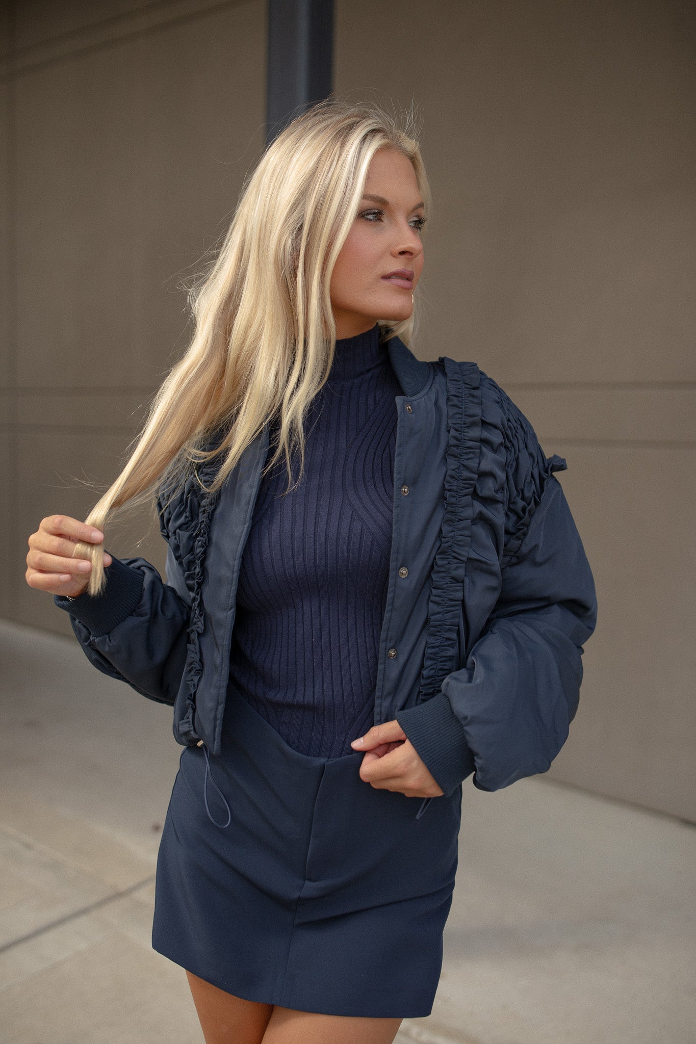 Parker Ruffled Bomber Jacket