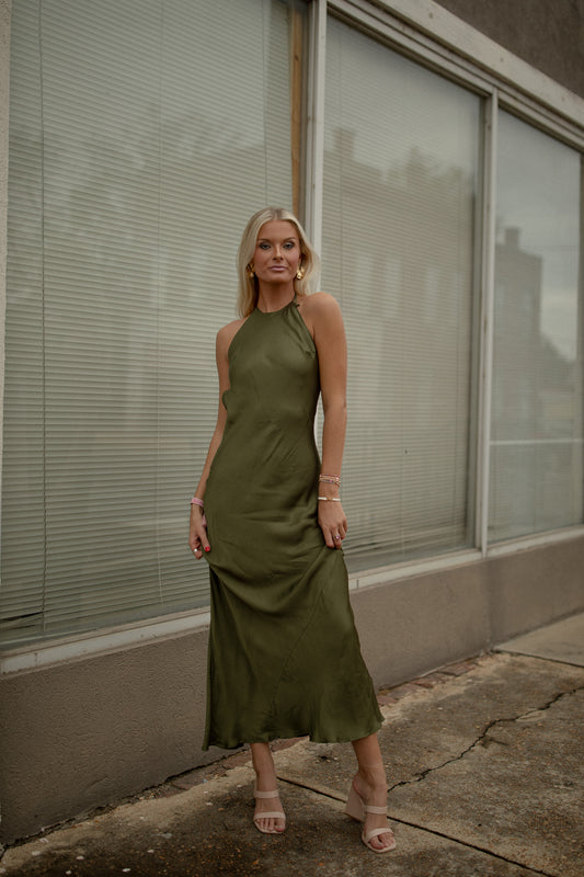 Olive Satin Open Back Maxi Dress