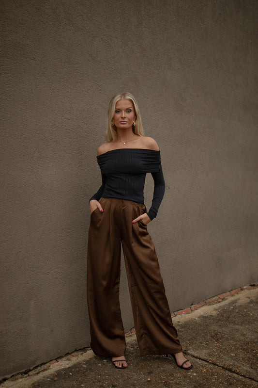 Brown Satin Pleated Trousers