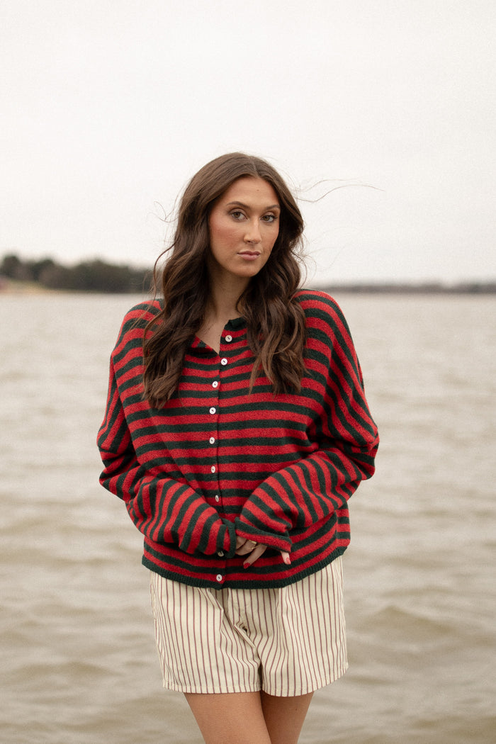 The Piper Cardigan (red/green stripe)