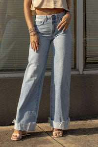 BEST SELLER High Rise Cuffed Baggy Wide Leg Jeans (light)