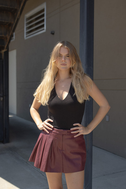 Maroon Pleather Pleated Skort