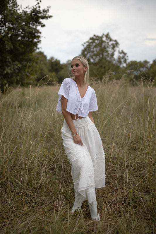 Wanderlust Eyelet Smocked Midi Skirt