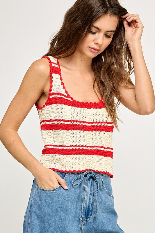 Red Striped Crochet Tank