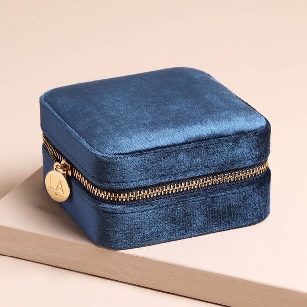 Navy Blue Velvet Square Travel Jewellery Case