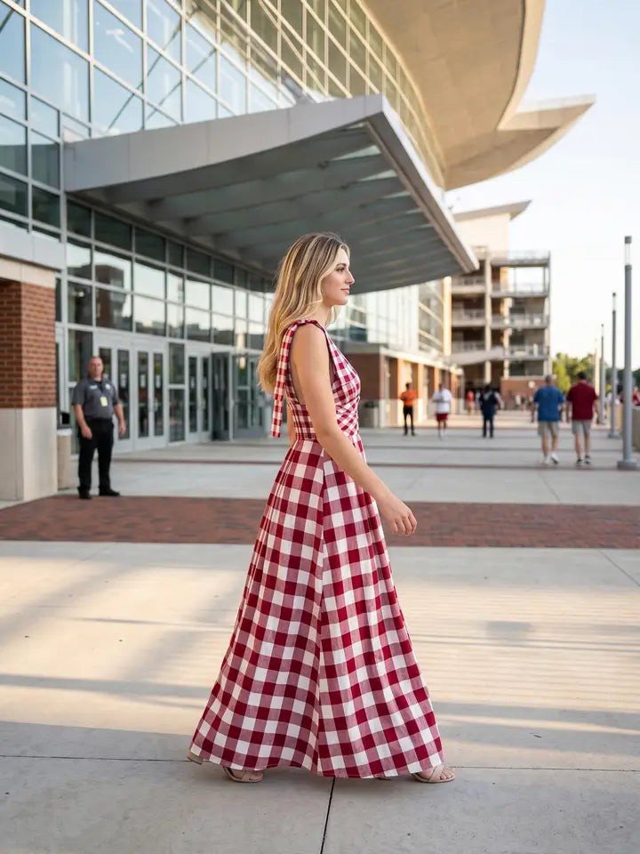 Checkered Maxi Dress (maroon) - GEORGE-MARY'S