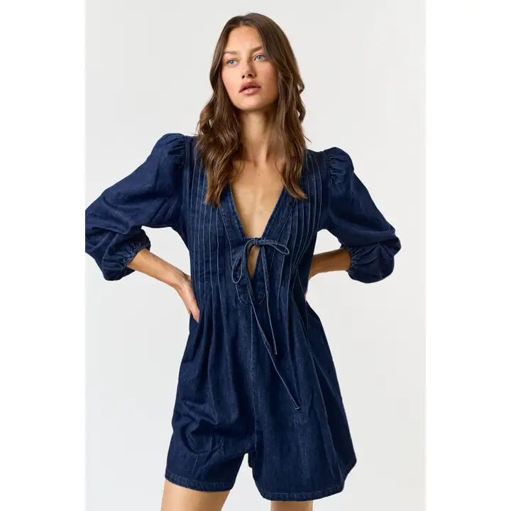 Denim Pleated Romper (dk denim)