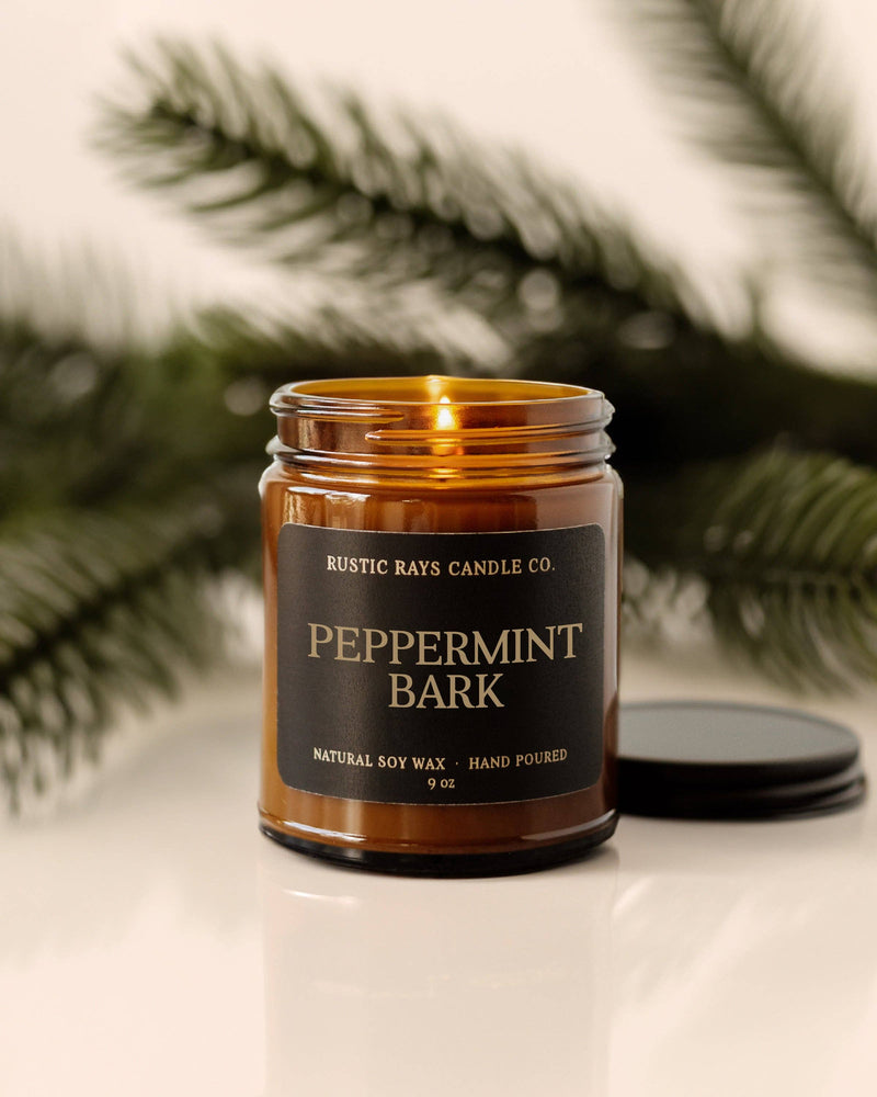 Peppermint Bark Soy Candle - Winter Candle - Amber Jar - 9oz - GEORGE-MARY'S
