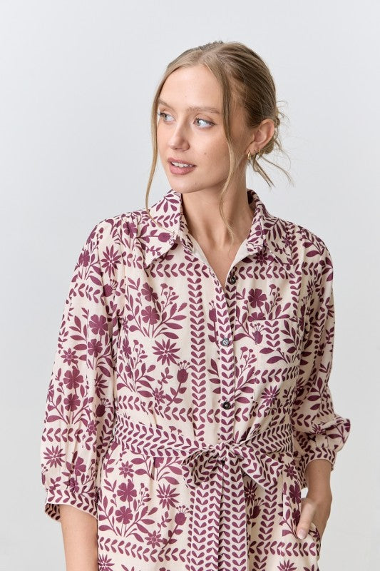 Adeleine Floral Shirt Dress (cream/wine)