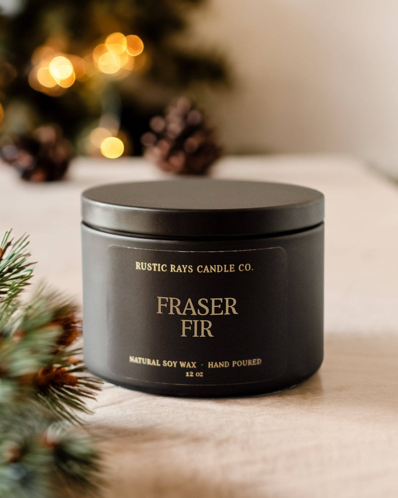 Fraser Fir Soy Candle - Winter Candle - Black Tin - 12 oz - GEORGE-MARY'S