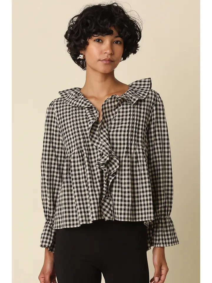 Hazel Gingham Ruffle Blouse (black)