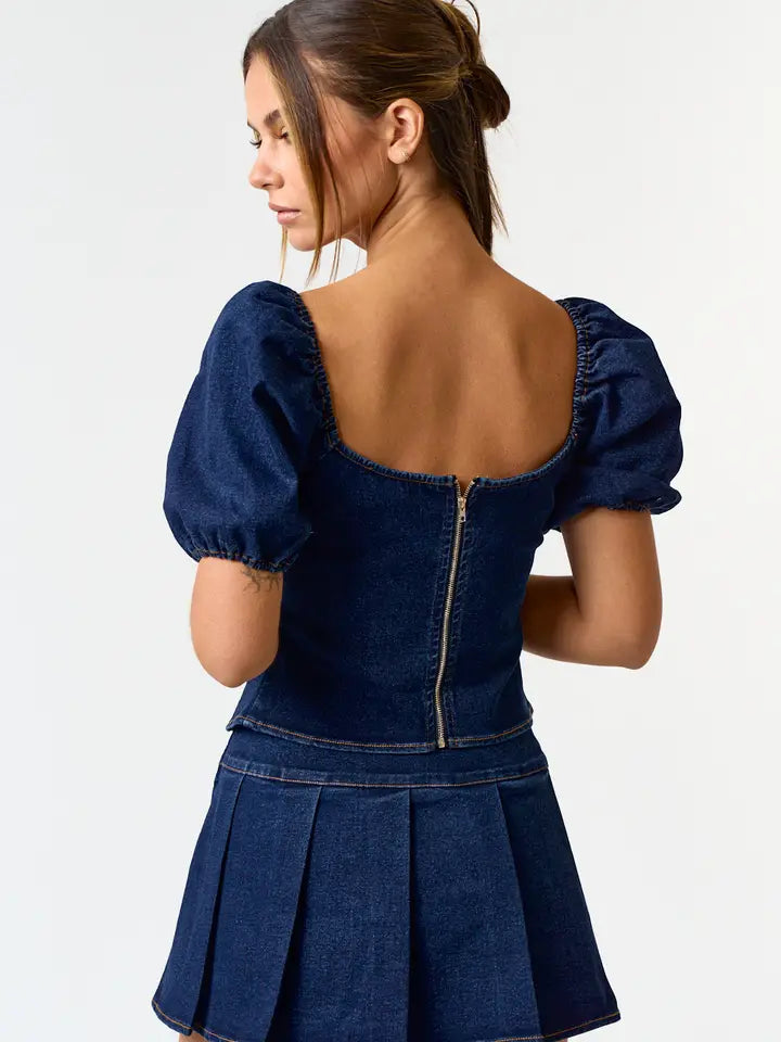 Denim Puff Sleeve Corset Top