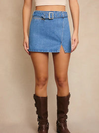 Belted Low Rise Denim Skirt