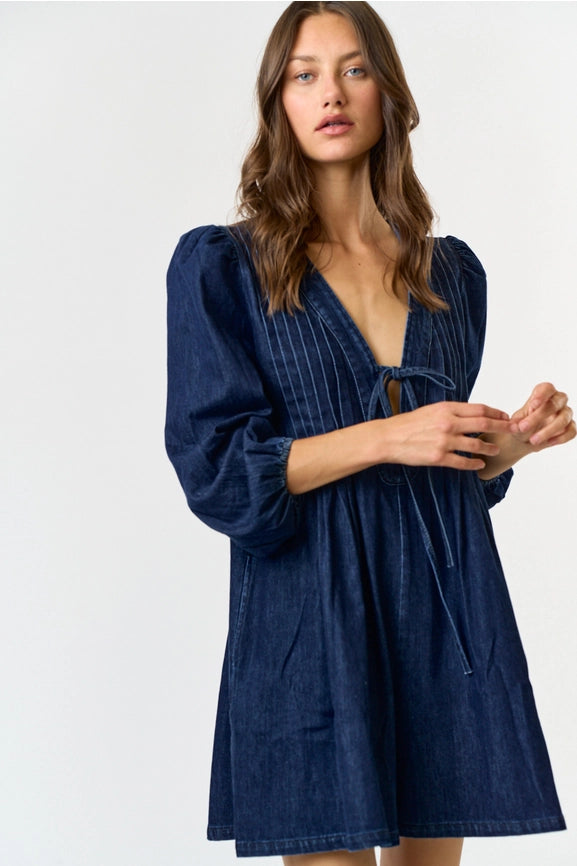 Denim Pleated Romper (dk denim)