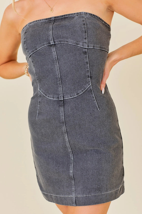 Faded Black Denim Tube Dress