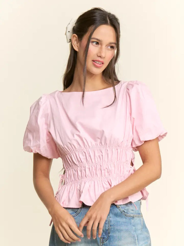 Lola Smocked Puff Sleeve Top (pink) - GEORGE-MARY'S