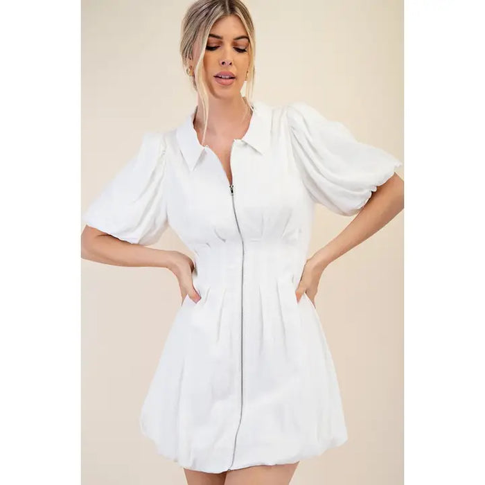 White Zipper Puff Sleeve Dress