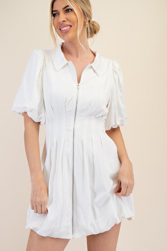 White Zipper Puff Sleeve Dress