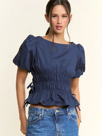 Lola Smocked Puff Sleeve Top (navy) - GEORGE-MARY'S