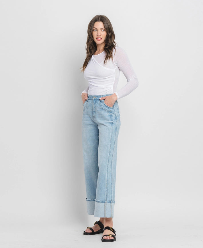 BEST SELLER High Rise Cuffed Baggy Wide Leg Jeans (light)