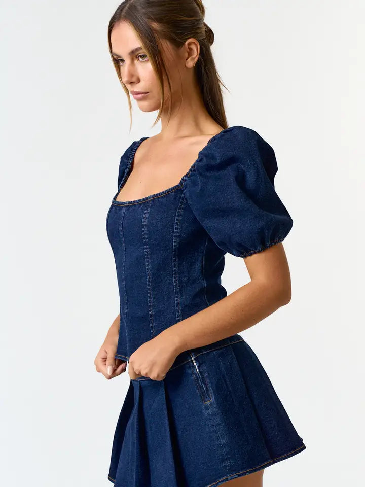 Denim Puff Sleeve Corset Top