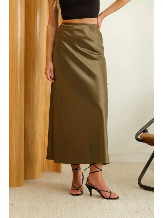 Olive Satin Midi Skirt