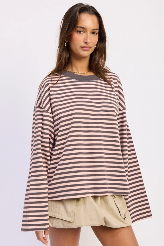 Graham Oversized Stripe LS Tee (pink/grey)