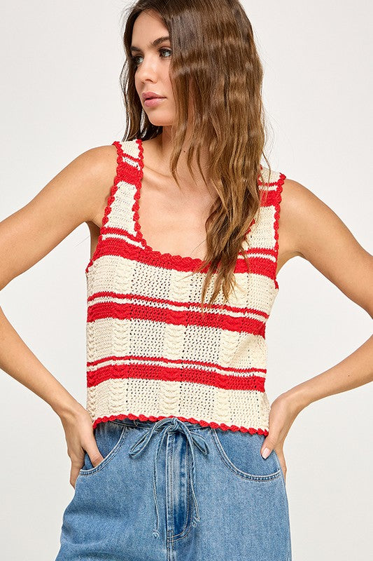 Red Striped Crochet Tank