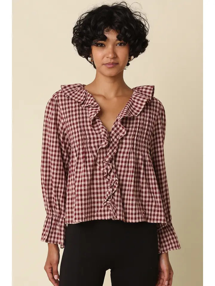 Hazel Gingham Ruffle Blouse (maroon)
