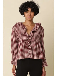 Hazel Gingham Ruffle Blouse (maroon)