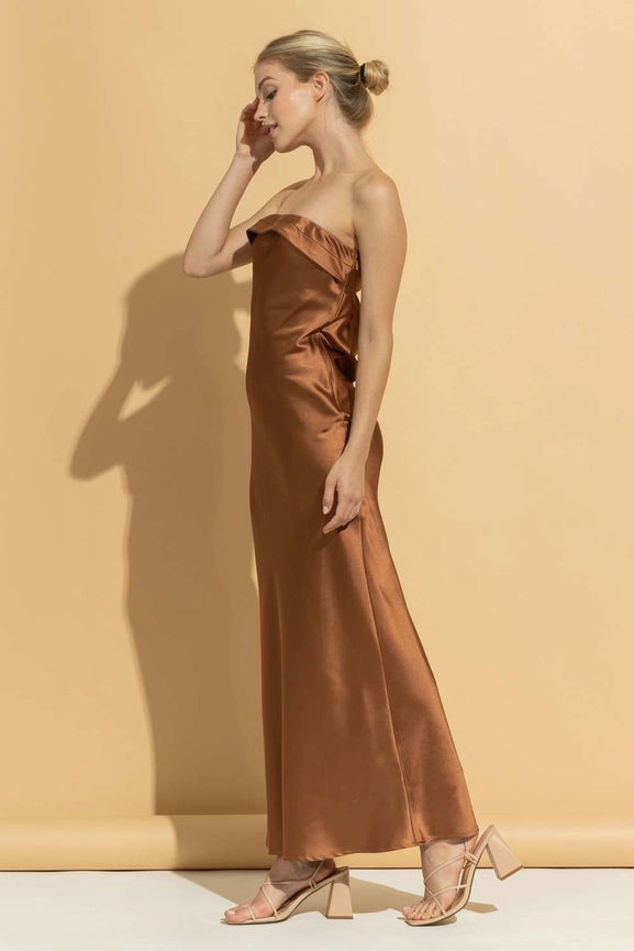 Brown Satin Strapless Dress